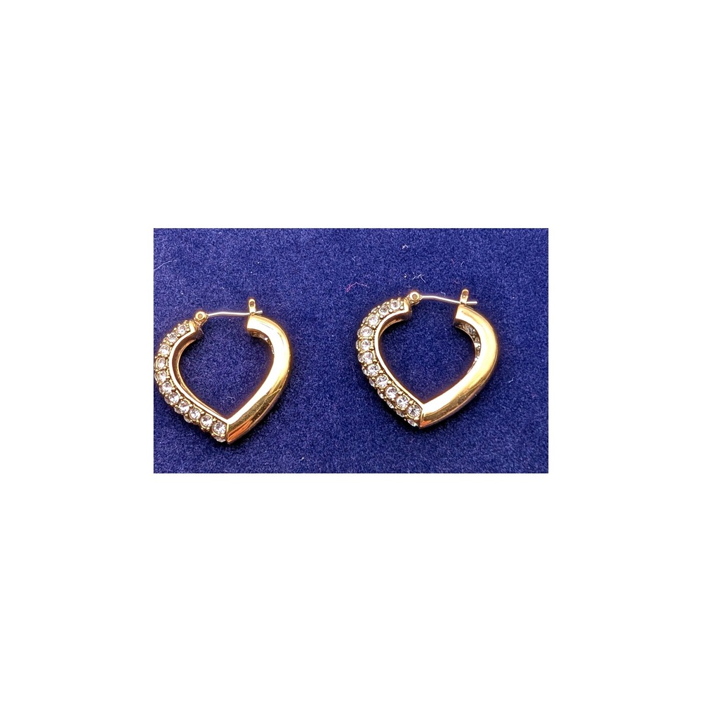 Monet Gold Tone Crystal Pave Heart Hoop Earrings Hinged Snap Back Romantic